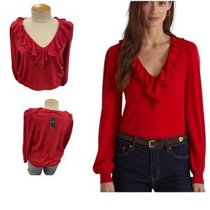 Lauren Ralph Lauren Sweater Red Ruffle Trim Jersey Plus Size 1X Holiday